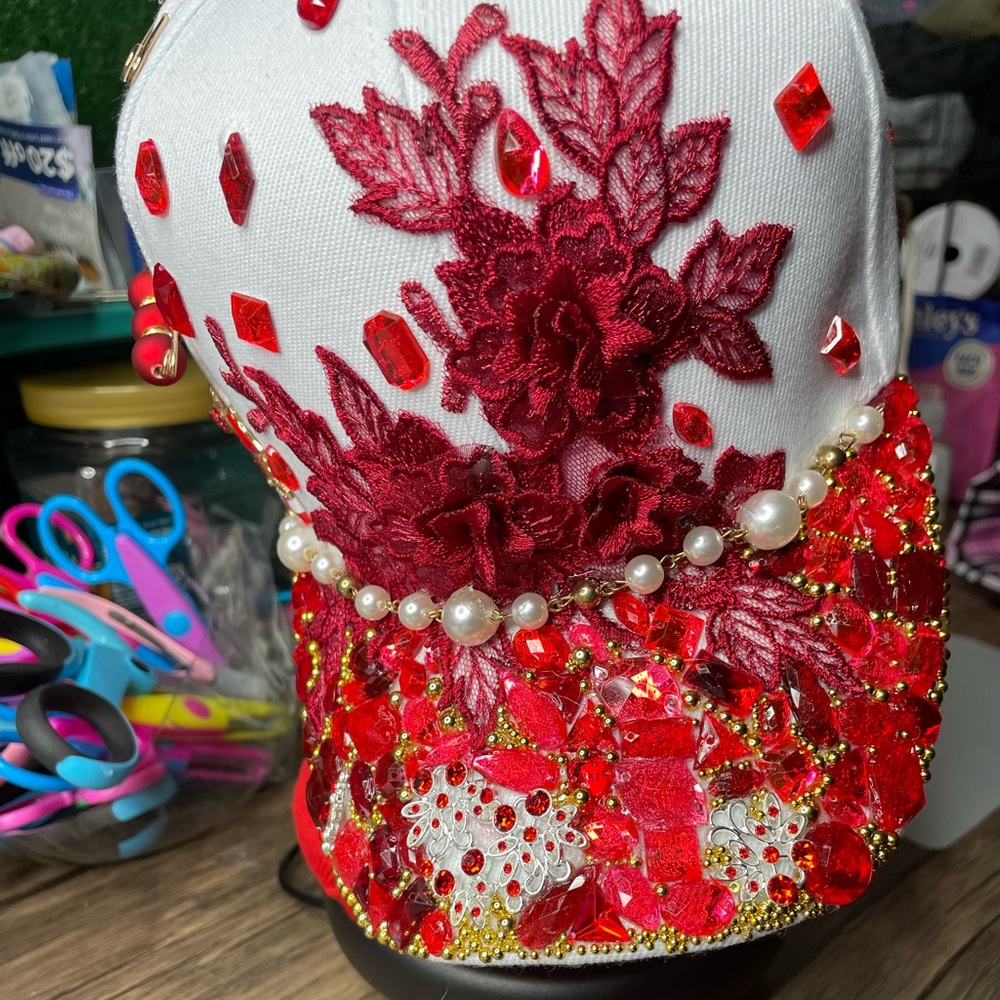 Elegant Red and White Embellished Women's Hat with socks
